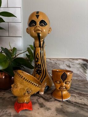 Old folk Decorative Ceramic Head Vases in Mustard Yellow with Tattoo Accents